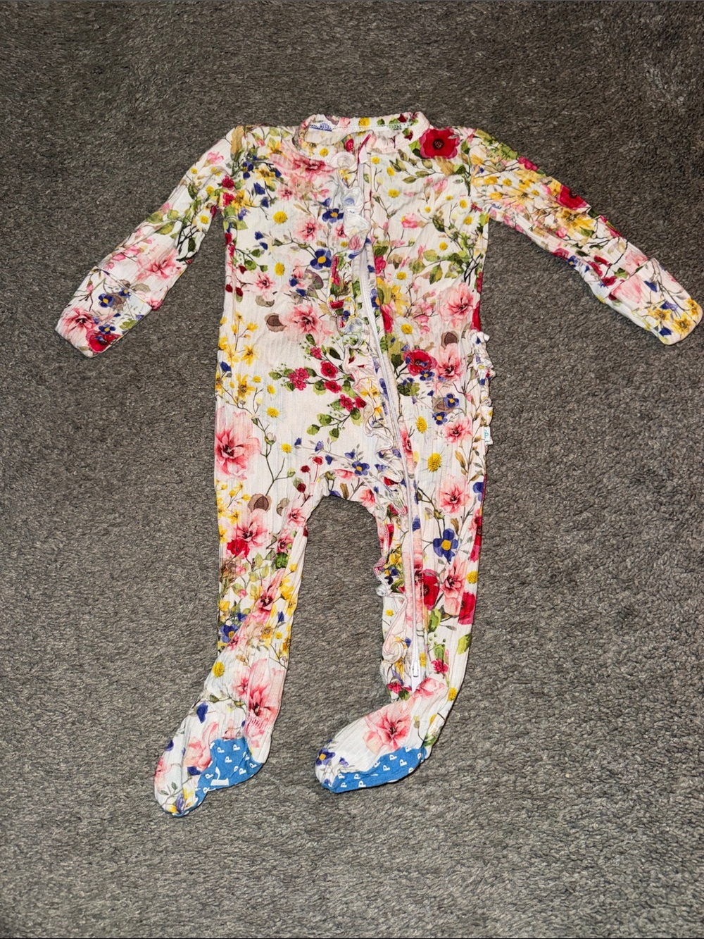 Posh Peanut Floral Zip-Front Footed One-Piece - White Multi